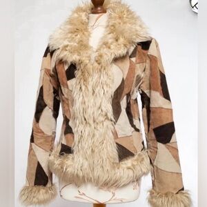 Vintage leather Patchwork Jacket with Faux Fur Trim